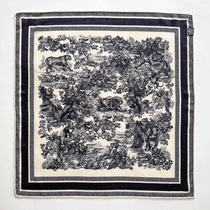 Silk square scarf featuring French Toile de Jouy jungle animal print and elegant black border