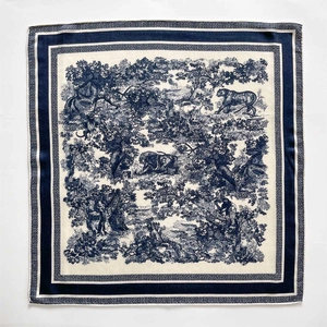 Elegant navy blue animal forest print square silk wool scarf on white background