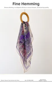 Close-up of 70cm purple paisley chiffon square scarf with detailed rolled hem edges