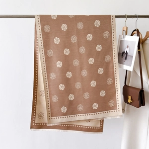 Brown winter scarf with camellia flower prints and delicate fringe edge for women