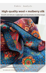 Gros plan d'un foulard en soie et laine à motifs paisley avec une texture douce