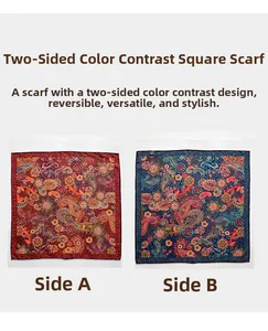 Vue détaillée d'un foulard en soie paisley réversible rouge brique et bleu marine
