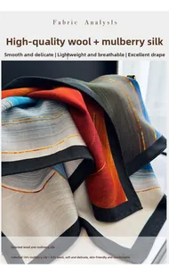 Detail of silk wool scarf fabric showing orange and blue geometric patterns and fine texture
