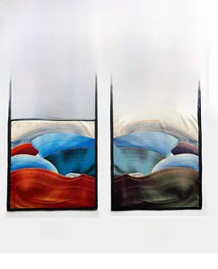 Detail of silk wool square scarf featuring double-sided contrast colors and abstract lines