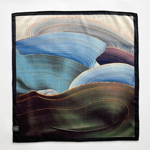 Artistic double-sided silk and wool square scarf with abstract mountain pattern and gold lines