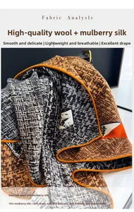 Detail of wool silk blend scarf featuring houndstooth pattern and orange hem