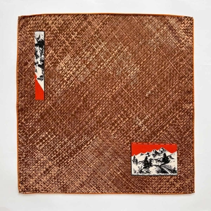 Brown silk wool square scarf featuring orange border and scenic snow mountain patches