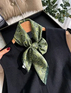 Close-up of 70x70cm vintage floral print faux silk chiffon neckerchief tied on hanger