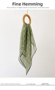 Detail of 70x70cm vintage green floral chiffon scarf hung through a wooden ring