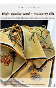 Détail d'une écharpe en soie et laine avec imprimé fleuri jaune et tissage sergé