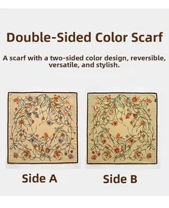 Détail d'un foulard en soie réversible avec motifs floraux et finitions de couture