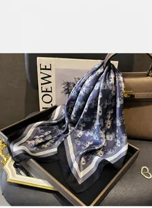 Detailed mulberry silk scarf with vintage horse carriage print in deep blue and white