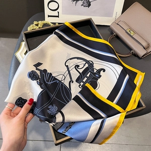 Silk scarf with vintage carriage print in blue and white with yellow borders