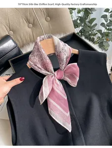 Detail of floral chiffon scarf tied on a hanger with 70x70cm dimensions and sheer texture