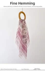 Close-up of pink floral chiffon silk scarf with butterfly patterns and soft texture