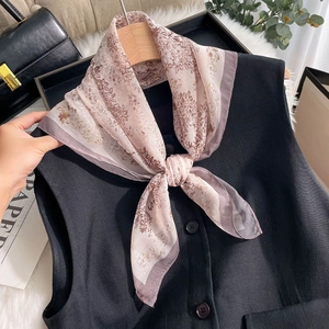 Floral print silk chiffon scarf in light pink with vintage patterns and grey striped edges