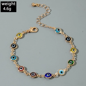 Detailed shot of multi-color Evil Eye beaded bracelet in gold-tone with weight 4.6g info