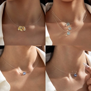 Collier Minimaliste En Fil De Pêche Invisible Avec Pendentif Géométrique En Cristal De Verre Goutte D'Eau Bijoux Réglables Pour Femmes