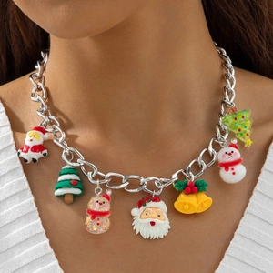 Christmas Pendant Necklace Silver Tone Alloy Chain Resin Santa Snowman Tree Bell Charms Holiday Party Jewelry Accessory