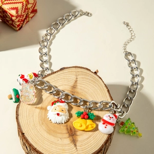 Christmas necklace with Santa, Snowman, and Tree resin charms on silver chain links