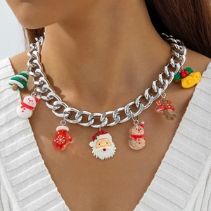 Christmas necklace with colorful Santa, snowman and tree charms on silver chain