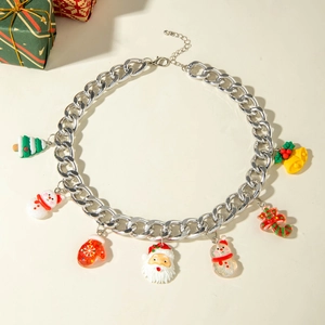 Detail of silver chain necklace featuring colorful resin Christmas themed charms and lobster clasp