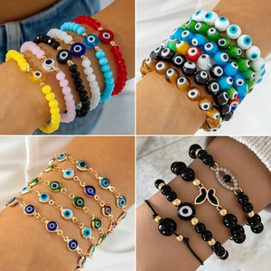 Evil Eye Beaded Bracelet Bohemian Nazar Amulet Protection Jewelry For Men Women Handmade Woven Rope Adjustable Elastic Alloy Resin