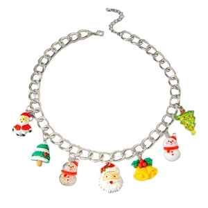 Christmas necklace with colorful Santa, snowman and tree charms on silver chain