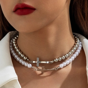 Alloy Cross Pendant Artificial Pearl Necklace Double Layer Metal Bead Chain Fashion Jewelry For Women