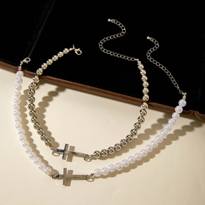 Elegant cross pendant necklaces with white faux pearls and silver beads for women