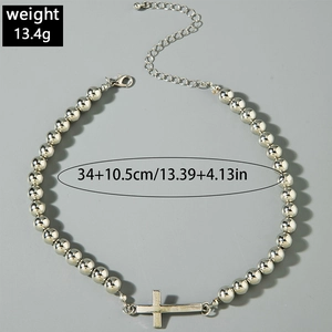 Polished silver cross pearl necklace with adjustable chain length and weight specifications