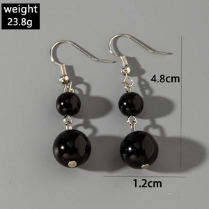 Detail shot of black beaded drop earrings with silver hooks, weight 23.8g, length 4.8cm