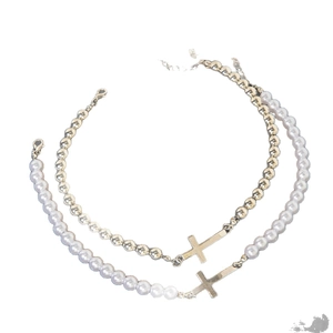 Silver bead and faux pearl cross necklace set with adjustable lobster clasp design