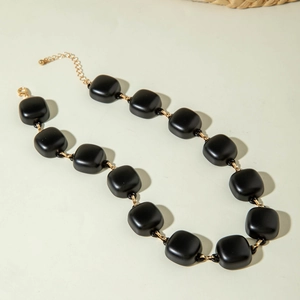 Chunky matte black square beads necklace with gold metal links and lobster clasp