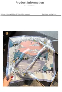 Detail of 100% mulberry silk scarf with Chinese landscape print and floral border