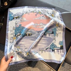Elegant mulberry silk square scarf with purple borders and oriental landscape painting