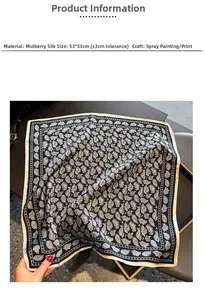 Detail eines schwarzen Seidenschals mit Paisley-Muster und Info zur 53x53cm Größe
