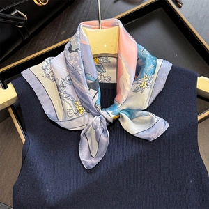 Mulberry Satin Square Scarf Floral Scenery Print Neck Kerchief Elegant Lightweight Fashion Head Wrap For Women