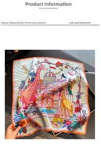 Detail of 100% mulberry silk scarf featuring giraffe and castle illustration prints