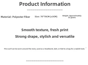 Detailed specifications of the 70x70cm paisley twill scarf showing material and size