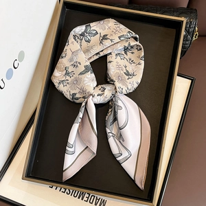 Women Elegant Square Scarf Polyester Twill Satin Floral Horsebit Print Neckerchief Vintage French Style Hair Wrap Headband