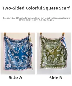 Detail of double-sided silk scarf with floral leaf patterns in blue and olive green