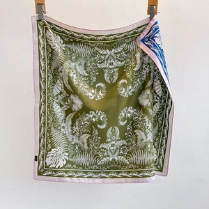 French retro floral silk scarf with tropical monstera print and contrast blue wave border