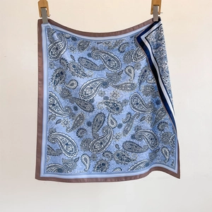 Elegant 70cm square silk scarf with blue paisley print and dark brown contrast borders