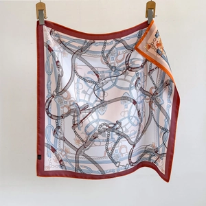 French style silk scarf with equestrian chain print and orange contrast border