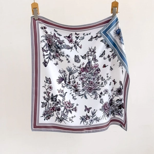 Elegant floral square silk scarf with purple butterfly patterns and geometric borders