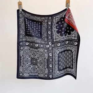 Vintage paisley and floral twill silk square scarf in black and reddish brown