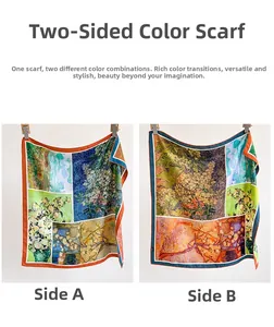 Detailed dual-side oil painting floral silk scarf showing art print on both faces
