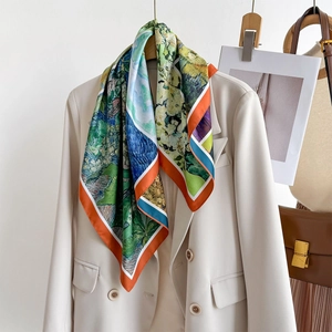 Van Gogh oil painting style silk square scarf styled on a white blazer and brown leather bag