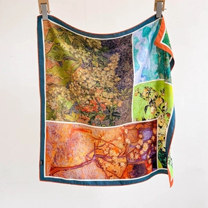 Van Gogh oil painting style floral square silk scarf with almond blossom print